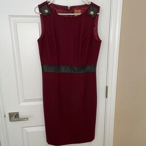 Tory Burch size 10 sheath dress with real leather trim, gold logo hardware